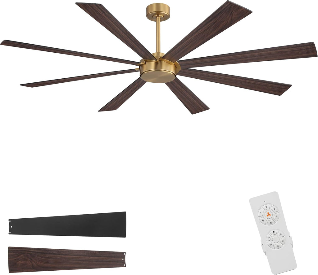 WINGBO 72' Ceiling Fan without Light, Modern Large Ceiling Fan with Remote Control, 6-Speed Reversible Noiseless DC Motor, Gold and Walnut/Black Blades for Living Room, Bedroom & Covered Outdoor