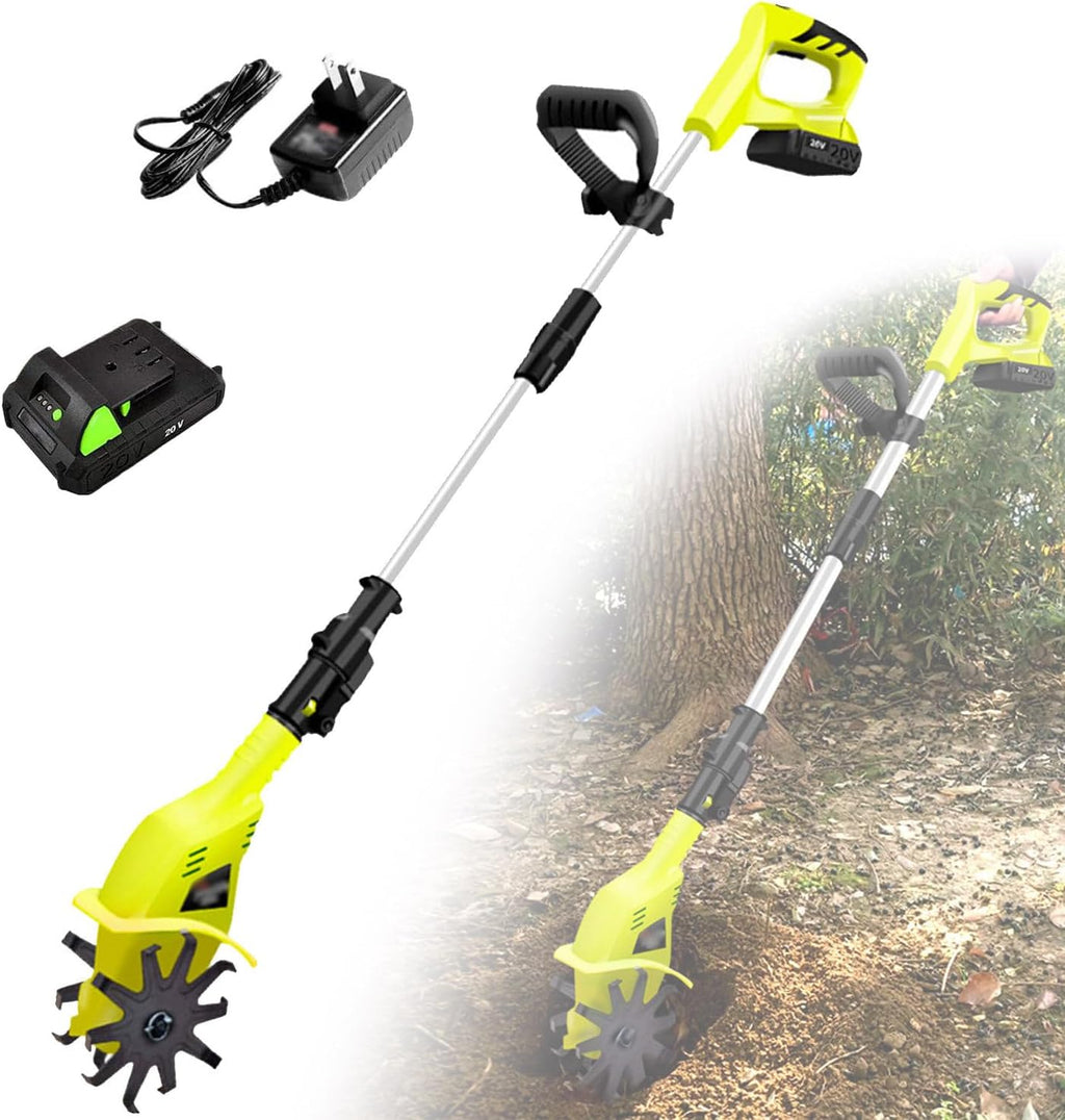Power Tiller for Gardening Lawn Aerator Cordless Electric Hand Tiller Cultivator Rototiller Trencher 20V 2.0Ah 38'-50' Retractable Pole 9.8' Tilling Depth Powered Tillers