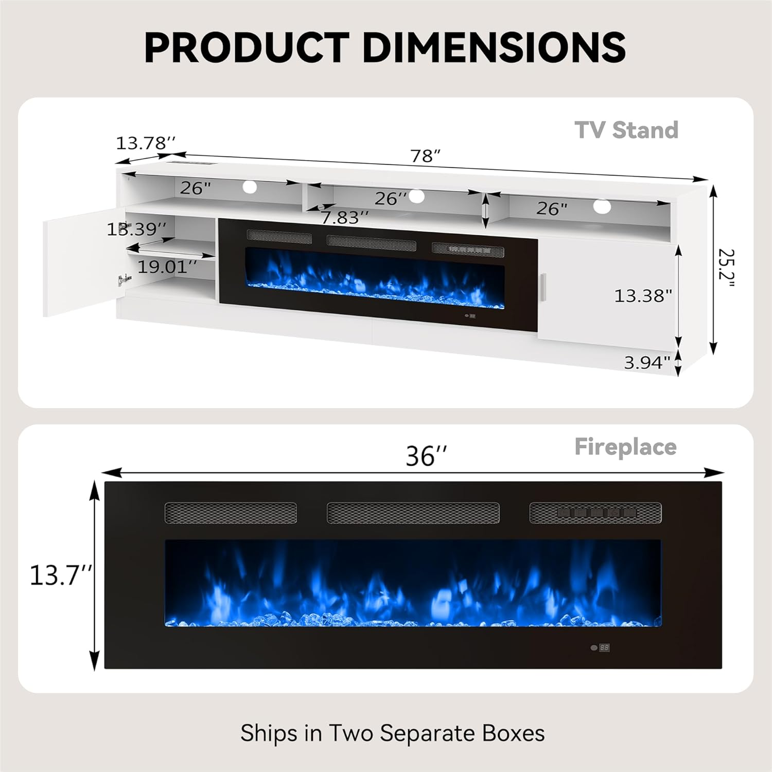 80' Fireplace TV Stand with Power Outlet, Electric Fireplace Entertainment Center with Storage Cabinets, Fits TVs up to 90', TV Console with LED Lights for Living Room, Office, White-Black