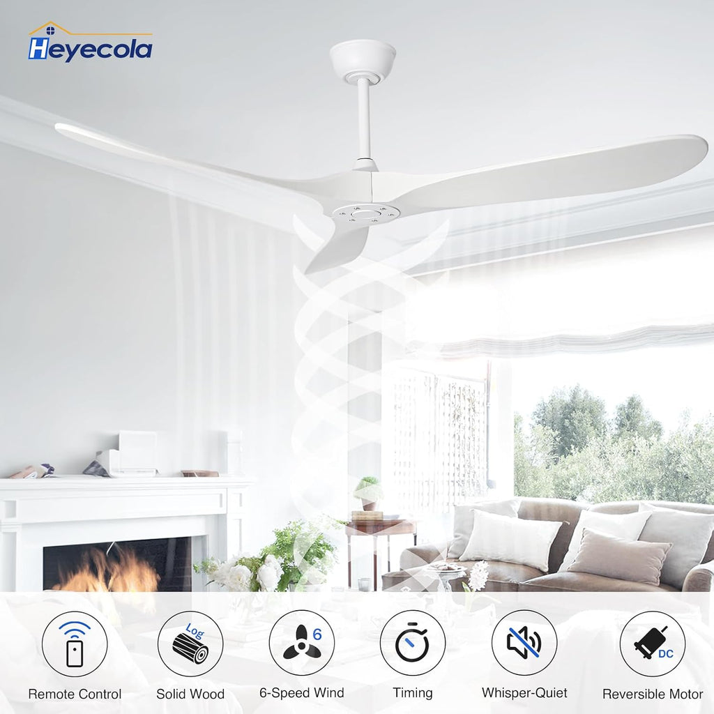 Ceiling Fans Without Light,60 Inch Outdoor Ceiling Fans no Light, 3 Blade Solid Wood Ceiling Fan with Remote Control for Patios Living Room Bedroom Porch. (White Blades + White Body, 60inch)