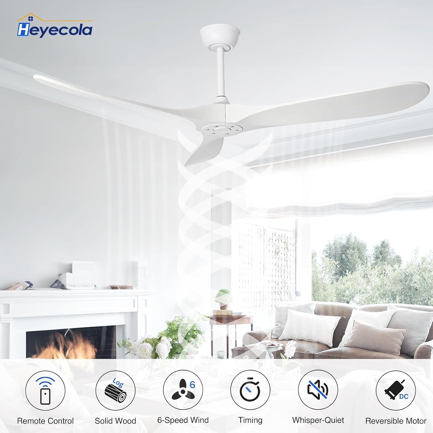 Ceiling Fans Without Light,60 Inch Outdoor Ceiling Fans no Light, 3 Blade Solid Wood Ceiling Fan with Remote Control for Patios Living Room Bedroom Porch. (White Blades + White Body, 60inch)