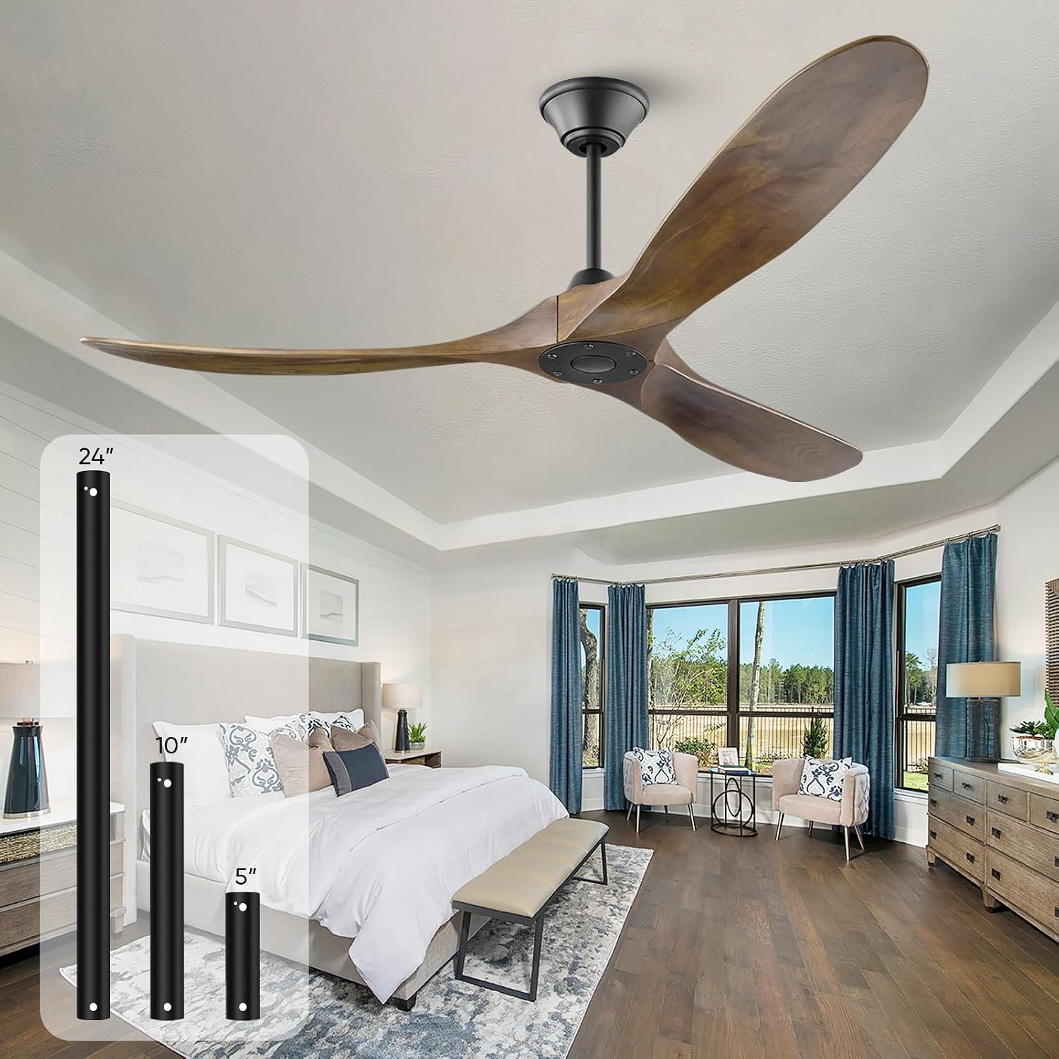 Savey'Sley 70 Inch Ceiling Fan without Light, Large Outdoor Ceiling Fans for Patios, 3 Blade Solid Wood Propeller Fan for Living Room, High CFM DC Motor Quiet