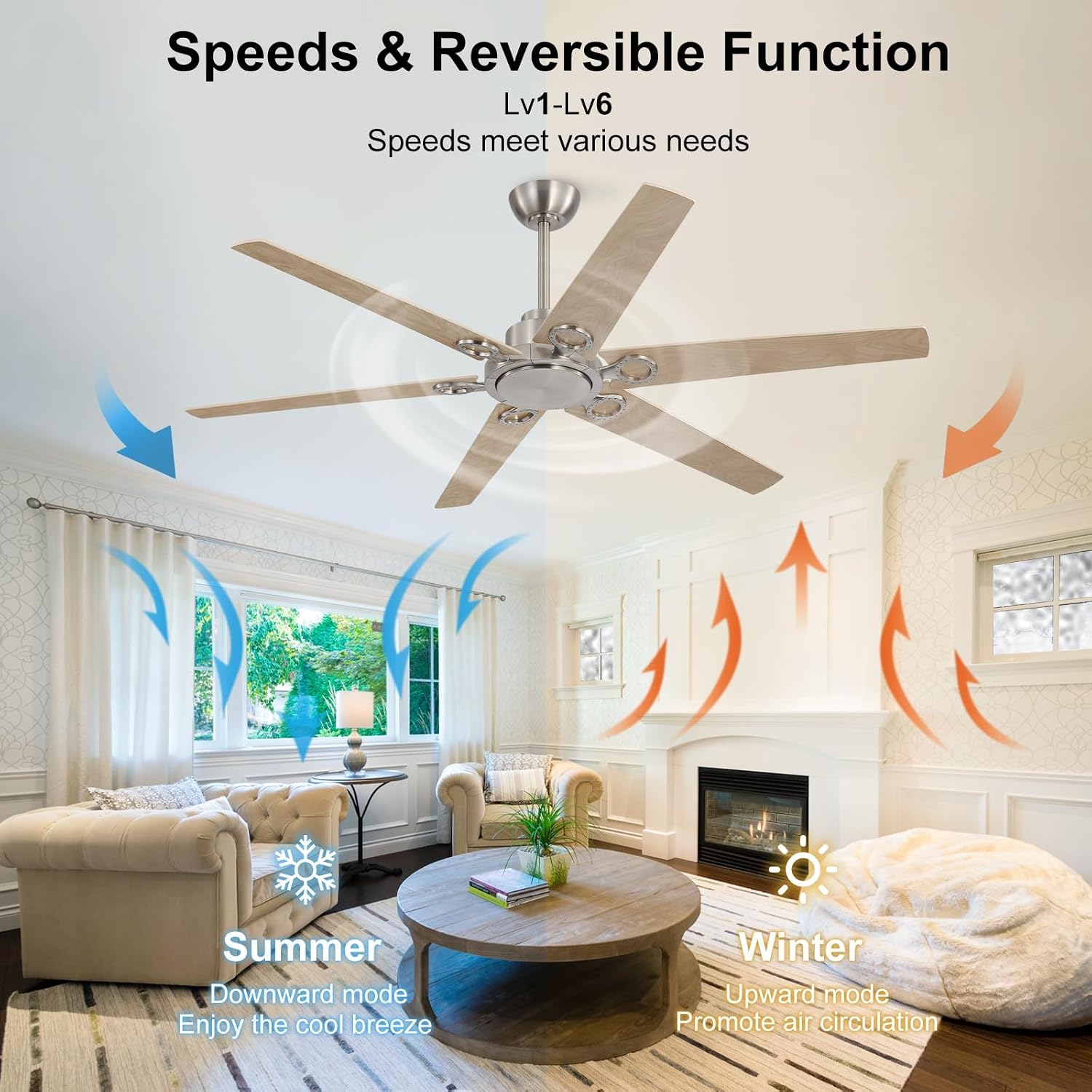 WINGBO Ceiling Fan no Light - 64 inch Ceiling Fan with Remote Control,6 Blades Modern Ceiling Fan, 6-Speed Noiseless Timer Powerful DC Motor, ETL Listed, Indoor/Outdoor, Nickel + Light Wood