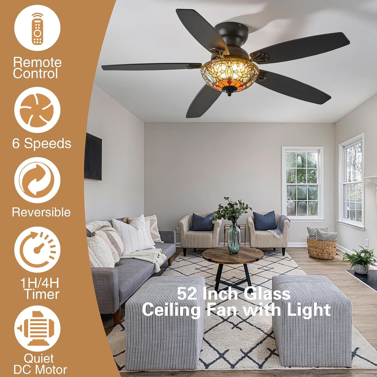 Ceiling Fans with Lights - 52' Ceiling Fan Chandelier with 5 Dual-Blades and Glass Shade, 6 Speeds and Reversible, Indoor and Outdoor, Retro Style