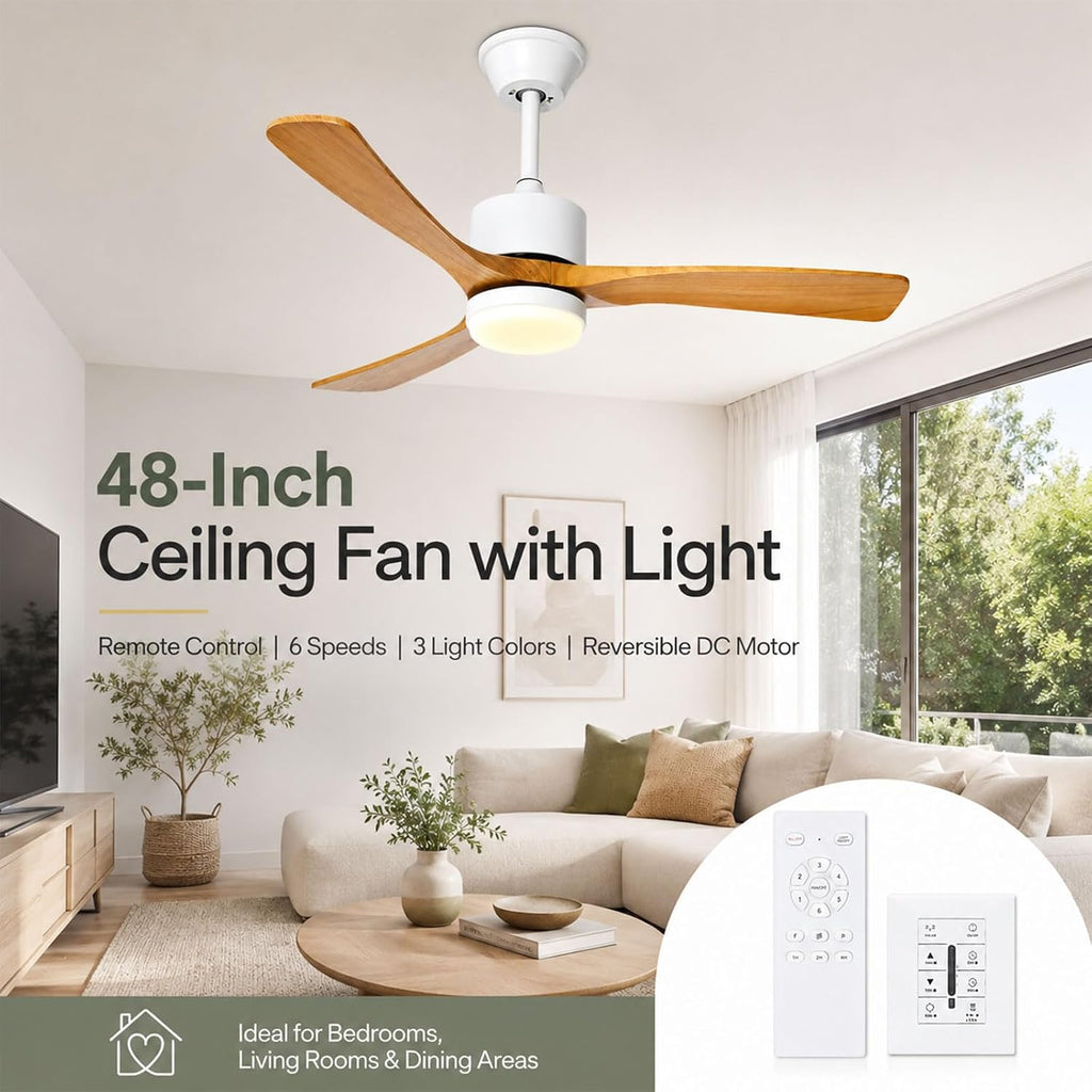 48-Inch Modern Ceiling Fan with LED Light, 6-Speed DC Motor, Remote & Wall Control, Reversible Blades Wood Quiet Ceiling Fans for Bedroom & Living Room
