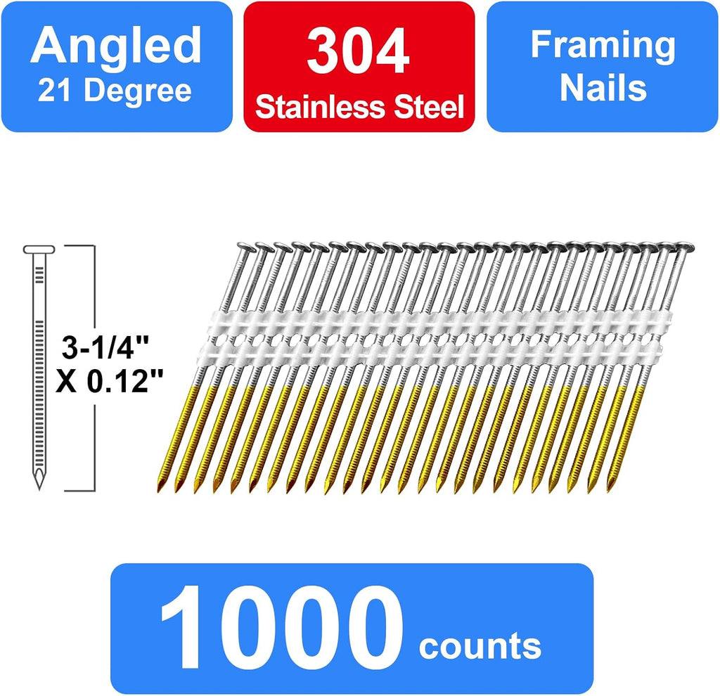 Framing Nails 304 Stainless Steel 21° Full Round Head Nail 21 Degree Ring 3-1/4' Shank Nail for Pneumatic, Electric 21 degree Framing Nailer (3-1/4' - 1000 pcs)