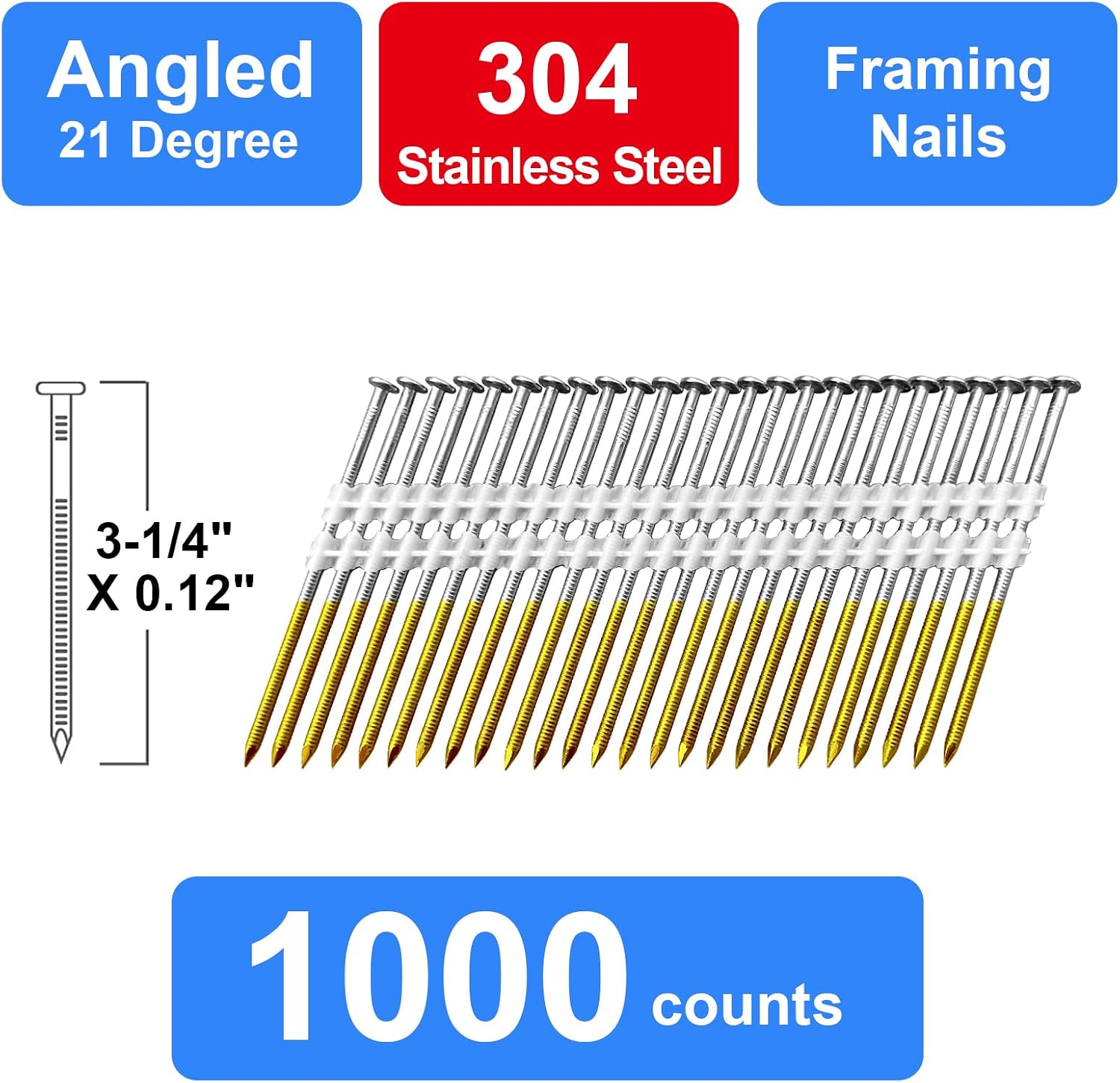 Framing Nails 304 Stainless Steel 21° Full Round Head Nail 21 Degree Ring 3-1/4' Shank Nail for Pneumatic, Electric 21 degree Framing Nailer (3-1/4' - 1000 pcs)