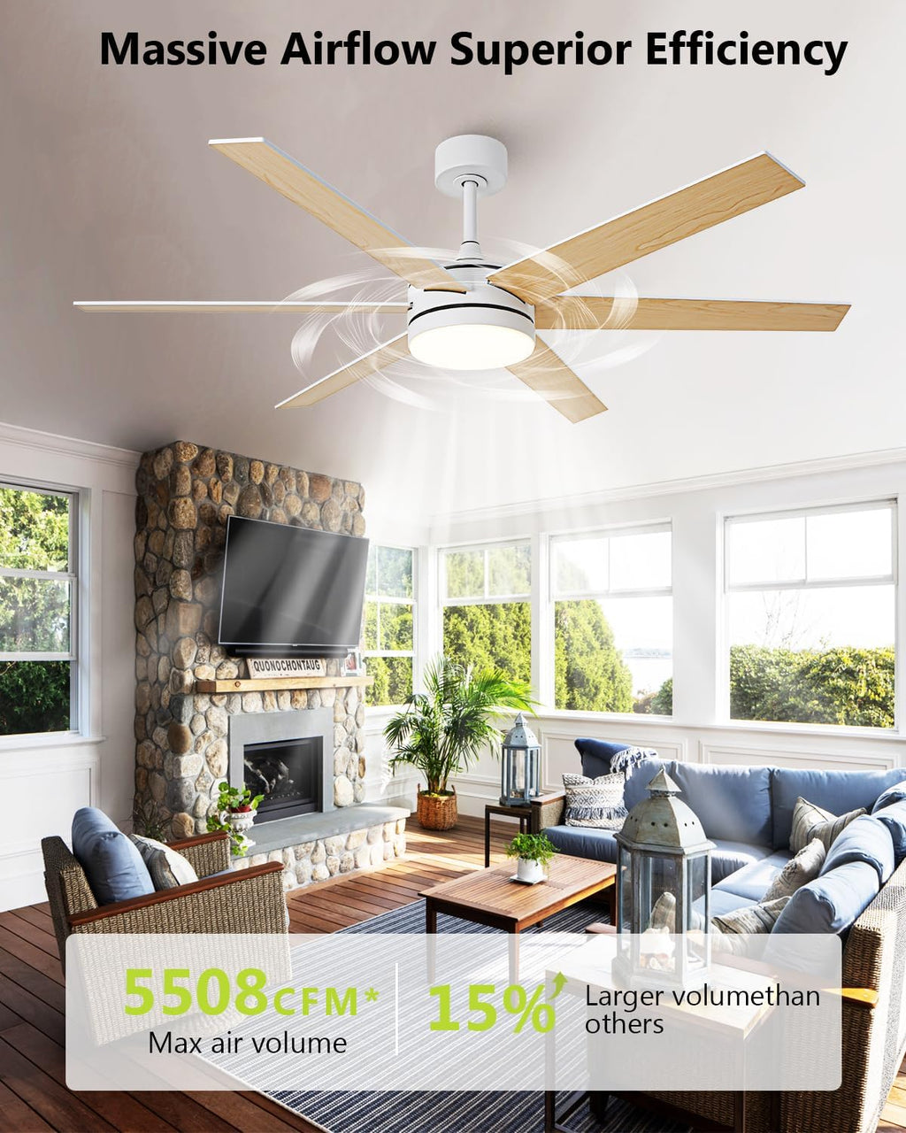 60 Inch Ceiling Fans with Lights and Remote, Indoor Outdoor Modern White Ceiling Fan with Light, Reversible DC Motor Dual-Sided Blades, 3CCT, Large Farmhouse Ceiling Fan for Living Room Bedroom