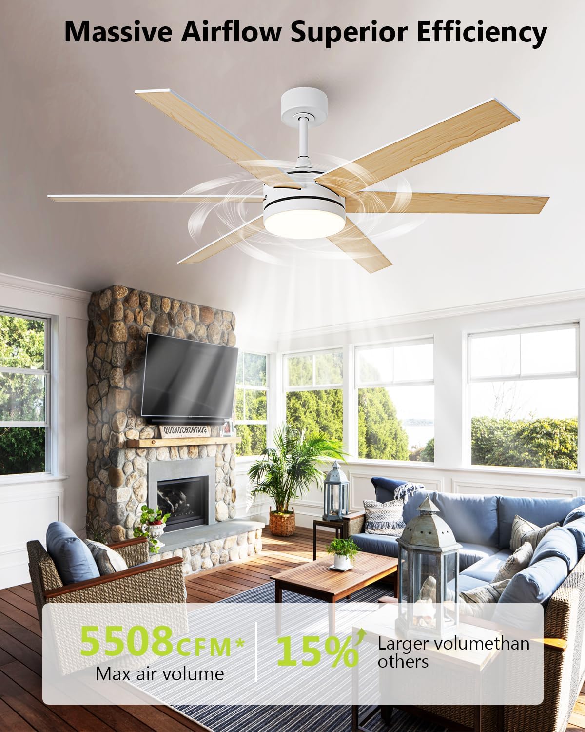 60 Inch Ceiling Fans with Lights and Remote, Indoor Outdoor Modern White Ceiling Fan with Light, Reversible DC Motor Dual-Sided Blades, 3CCT, Large Farmhouse Ceiling Fan for Living Room Bedroom