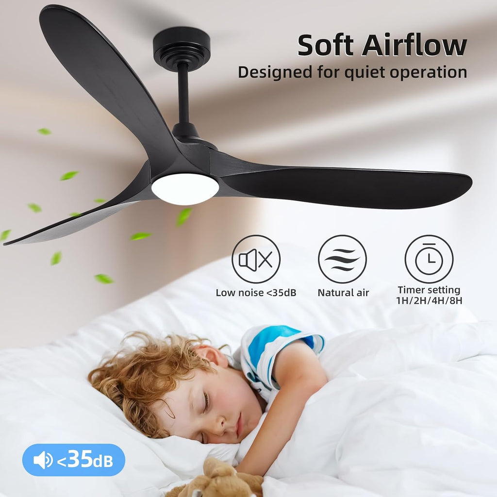 60' Outdoor Ceiling Fan with Light 3 Downrods, Smart Wood Ceiling Fan Compatible with Alexa/Google/App, 3 Blades Modern Black Wood Ceiling Fans for Kitchen Living Room Patio