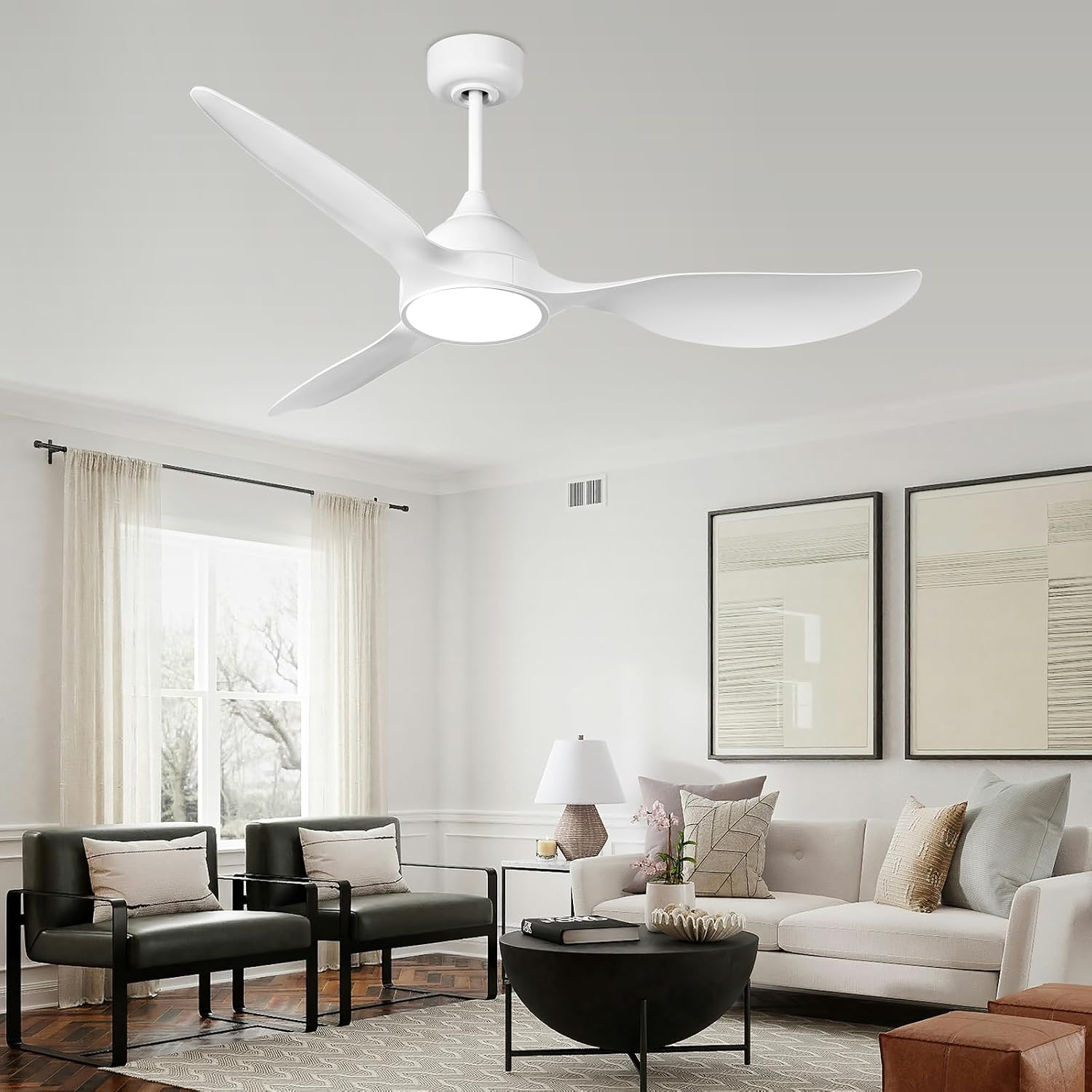 reiga 52 inch Ceiling Fans with Remote Control and Led Lights, Modern Quiet Reversible DC Motor Fan, 3 Blade High Flow for Living Room Bedroom, White