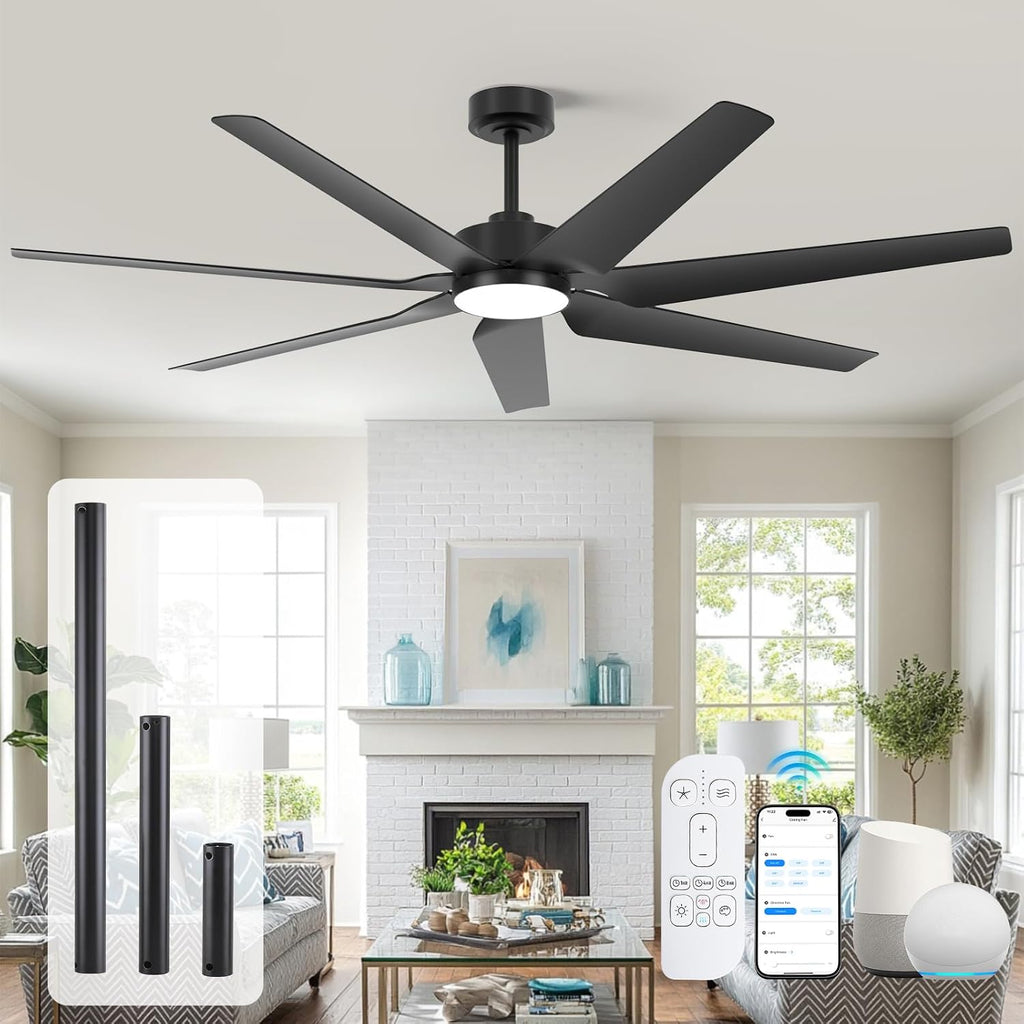 65 Inch Outdoor Ceiling Fans for Patios with Lights, Modern Black Smart Ceiling Fan with Alexa/Remote Control, Wet Rated 7-Blade Large Outdoor Fan for Living Room Gazebo Garage, Quiet DC Motor