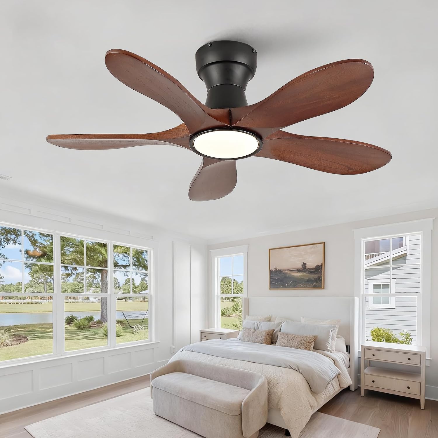 36 Inch Wood Flush Mount Ceiling Fans with Lights and Remote, Dimmable 5 Blade Wood Bedroom Ceiling Fan Outdoor Ceiling Fans for Patios Low Profile Ceiling Fan with Light for Bedroom Indoor