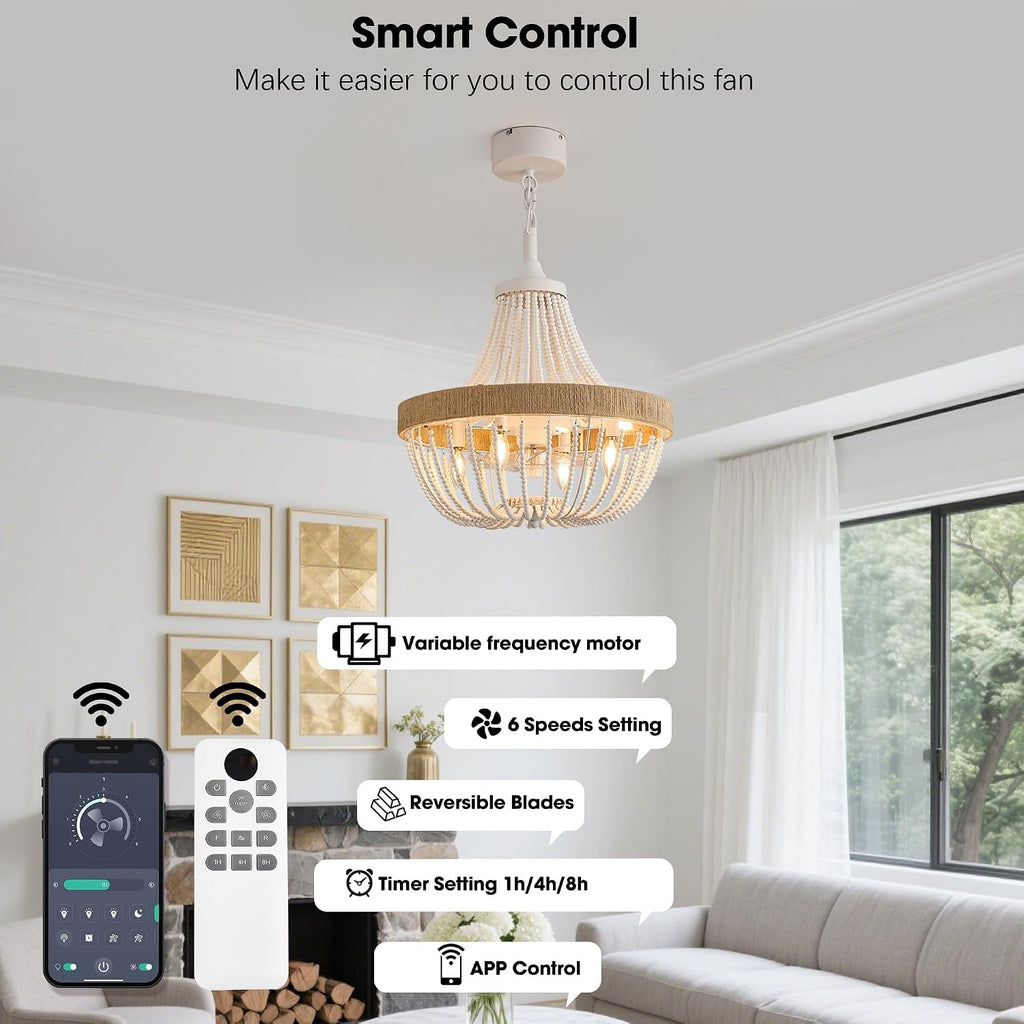 20' Rustic Beaded Chandelier Ceiling Fan with Lights, Remote & App Control, 6 Speed, 8-Lights Boho Fandelier, for Bedroom, Dining Room (Minimalist White)