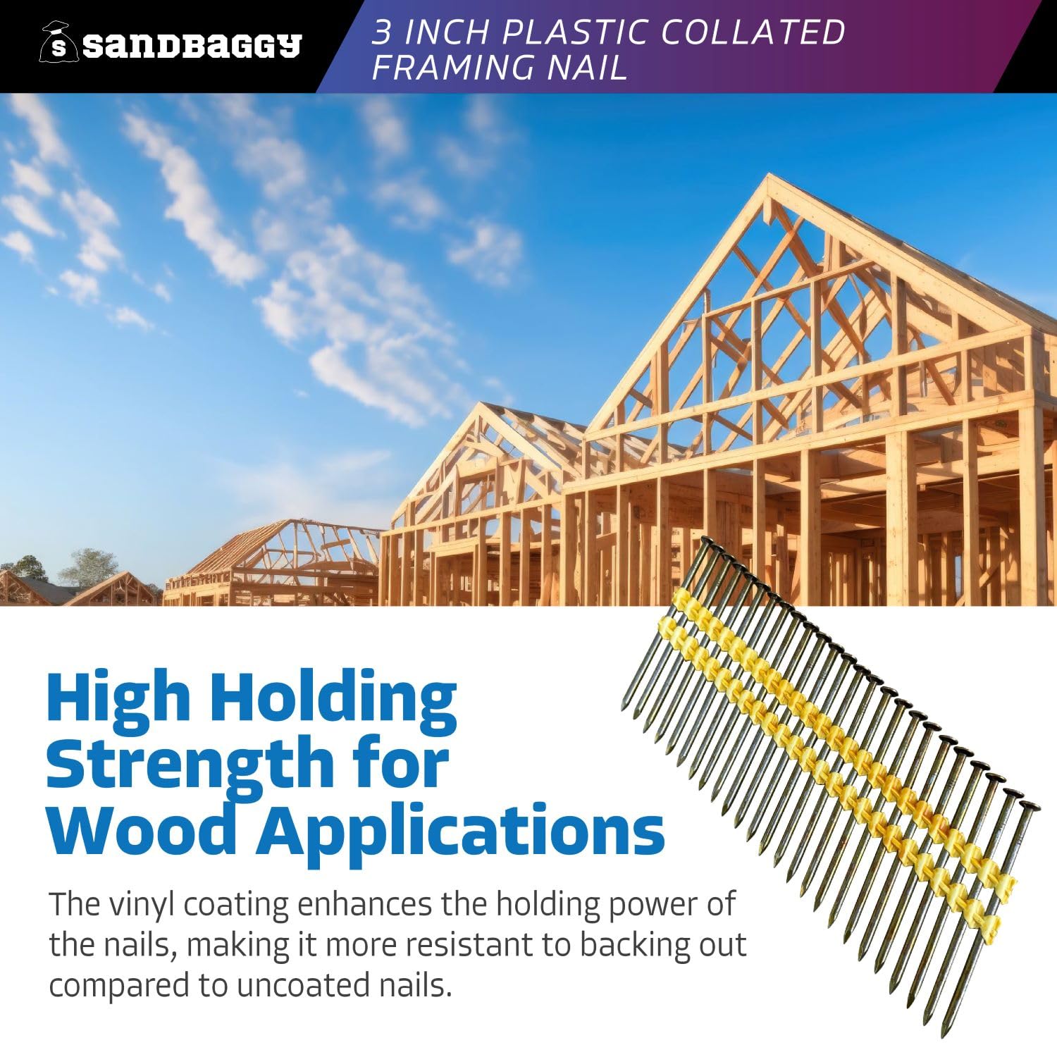 Sandbaggy 21 Degree Framing Nails (3 inch x 0.12 inch) - Plastic Strip Collated Nails - 1/4' Round Head, Smooth Shank, Vinyl Coated - 11 Gauge (22000)