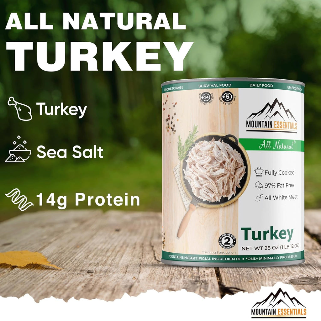 MOUNTAIN ESSENTIALS Fully Cooked Ready to Eat Canned Meat Variety Pack 28 Oz – 3 Beef, 3 Ground Beef, 2 Chicken, 2 Turkey, 2 Pork – Pantry Staples for Daily Use & Emergency Meals – Made in USA 12 Pack
