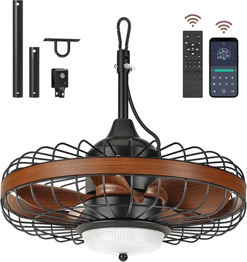 20' Outdoor Ceiling Fan with Light for Patio, Waterproof Gazebo Fan with Smart APP & Remote Control, 3CCT, Dimmable, 6 Speeds, Timer, Plug in Caged Ceiling Fan for Pergola, Porch, Brown XF01CF05