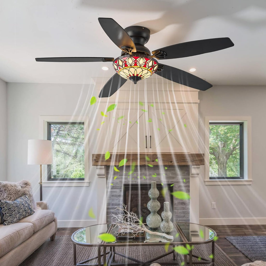 Tiffany Ceiling Fans with Lights - 52' Ceiling Fan Chandelier with 5 Dual-Blades and Glass Shade, 6 Speeds and Reversible, Indoor and Outdoor, Retro Style