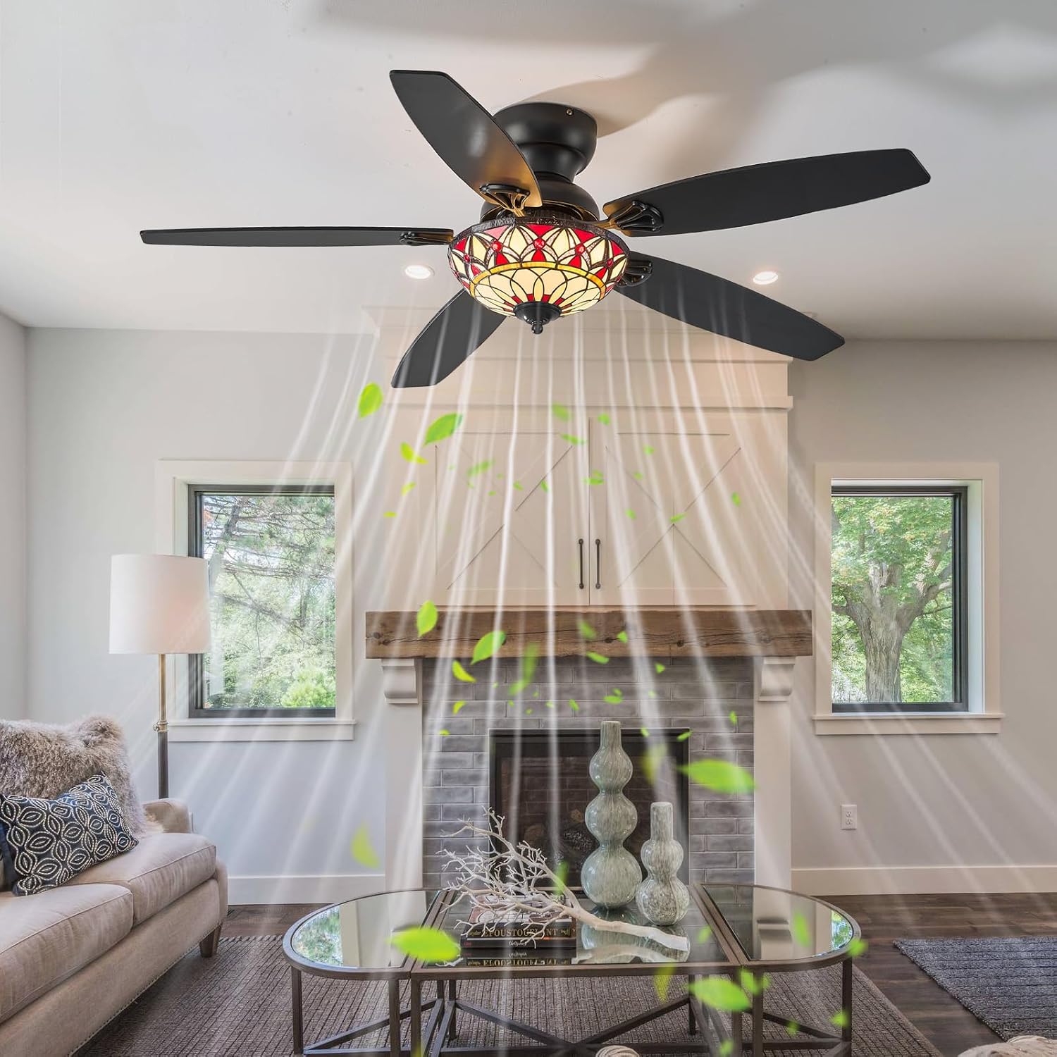 Tiffany Ceiling Fans with Lights - 52' Ceiling Fan Chandelier with 5 Dual-Blades and Glass Shade, 6 Speeds and Reversible, Indoor and Outdoor, Retro Style