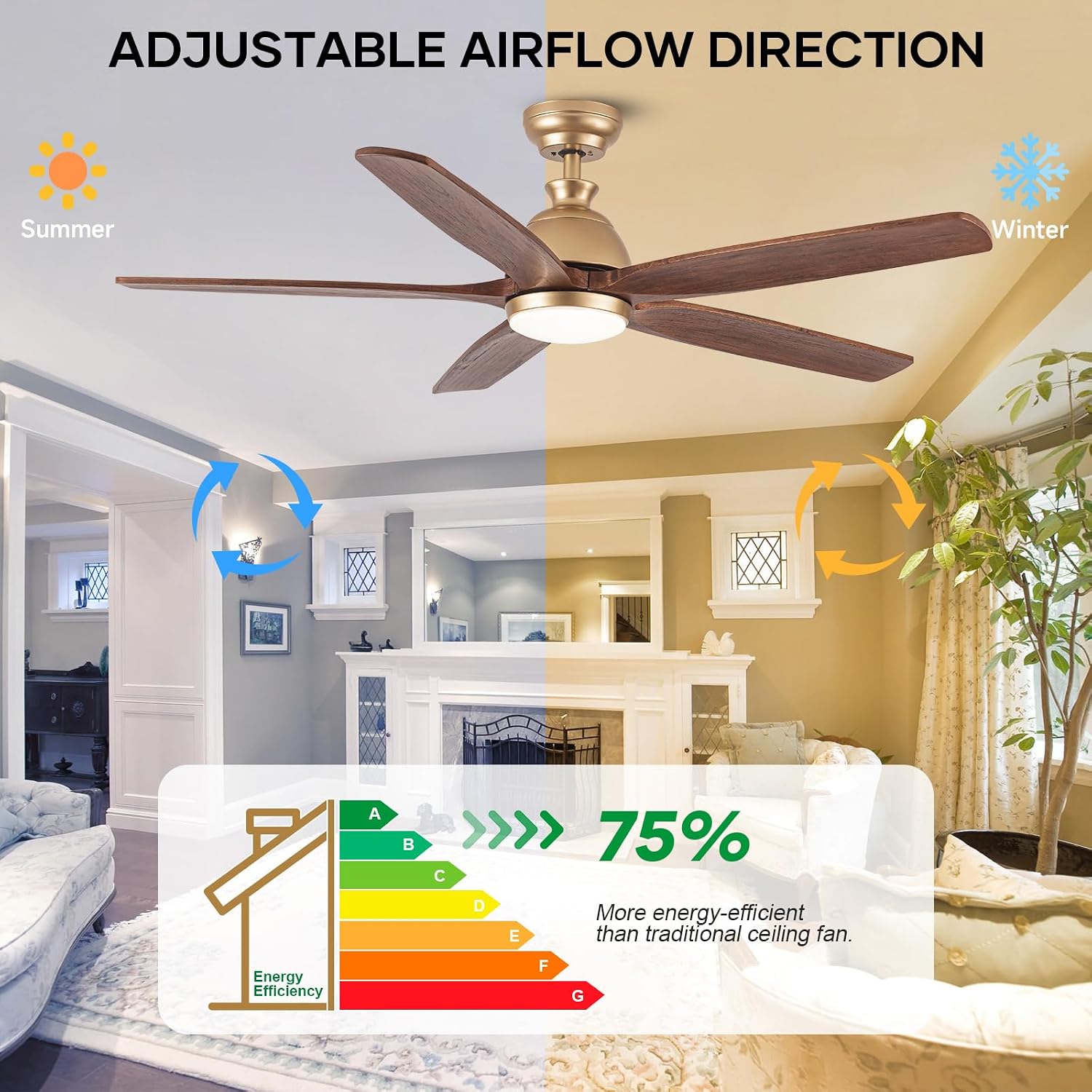 Ceiling Fans with Lights Remote Control, 60 Inch Gold Outdoor 5 Walnut Wood Blades Modern Ceiling Fan DC Reversible Motor for Patio Bedroom Living Room Farmhouse