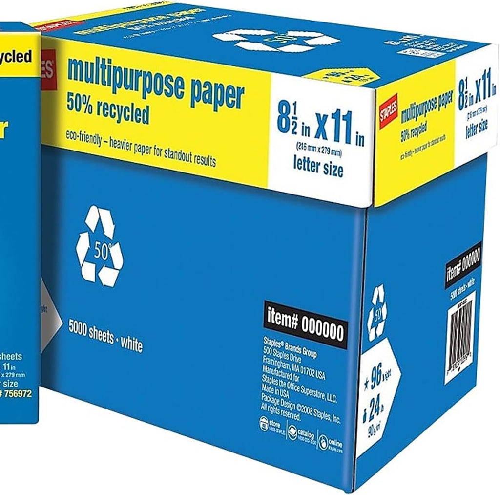 Staples 50% Recycled 8.5-Inch x 11-Inch Multipurpose Paper 24 lbs 96 Bright, 10 RM/CT, For Office, School & Home