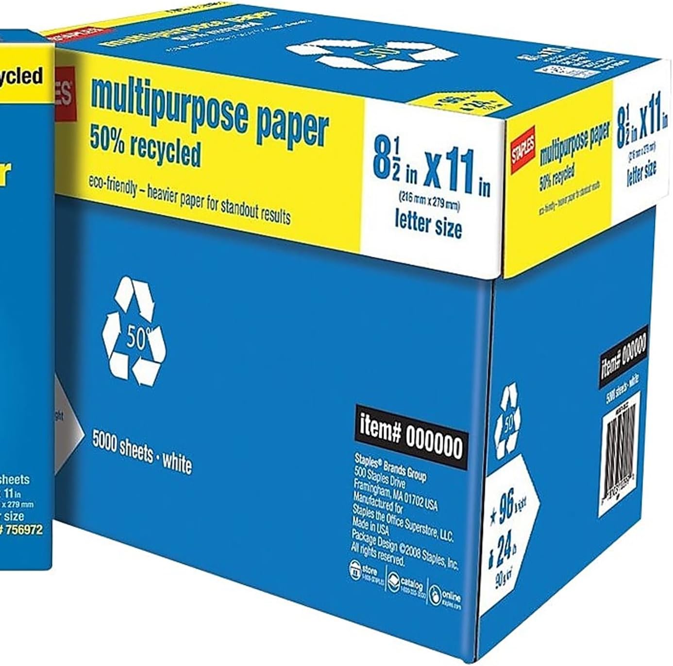 Staples 50% Recycled 8.5-Inch x 11-Inch Multipurpose Paper 24 lbs 96 Bright, 10 RM/CT, For Office, School & Home