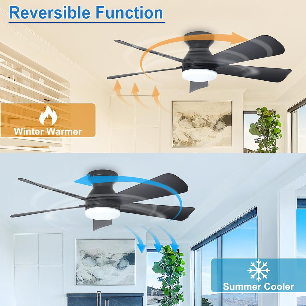 Depuley 42-Inch Ceiling Fans with Lights: Flush Mount Ceiling Fan with Remote Control Indoor/Outdoor- Black 5 Blade Low Profile Fandelier for Kitchen Gazebo - Reversible Quiet Timer - 2 Packs