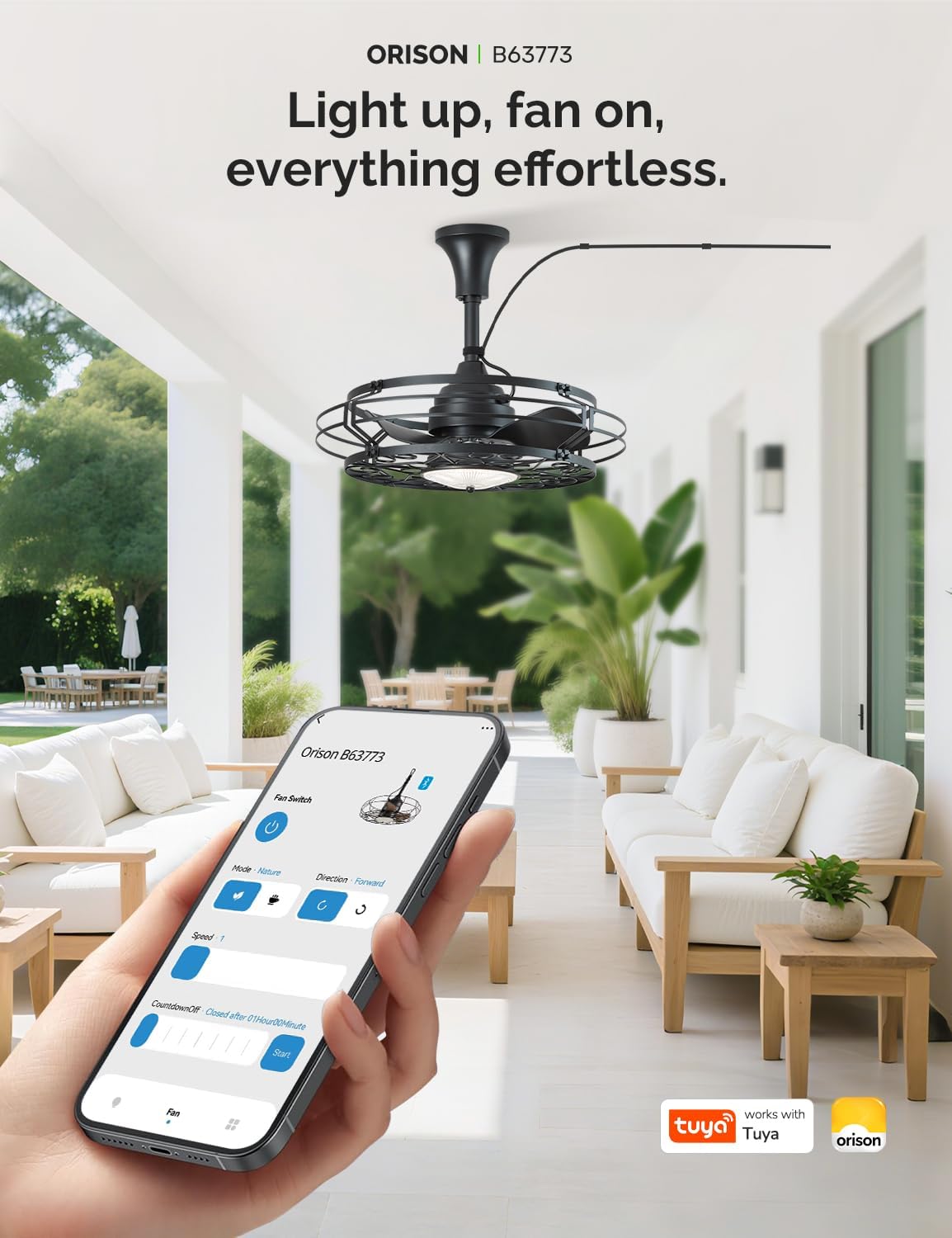 Orison Outdoor Ceiling Fan with Light, 21' Gazebo Fans Outdoor Hanging, Plug in Ceiling Fan for Pergolas Canopy Patio, Waterproof Outdoor Fans with Remote/APP Control, Wet Rated
