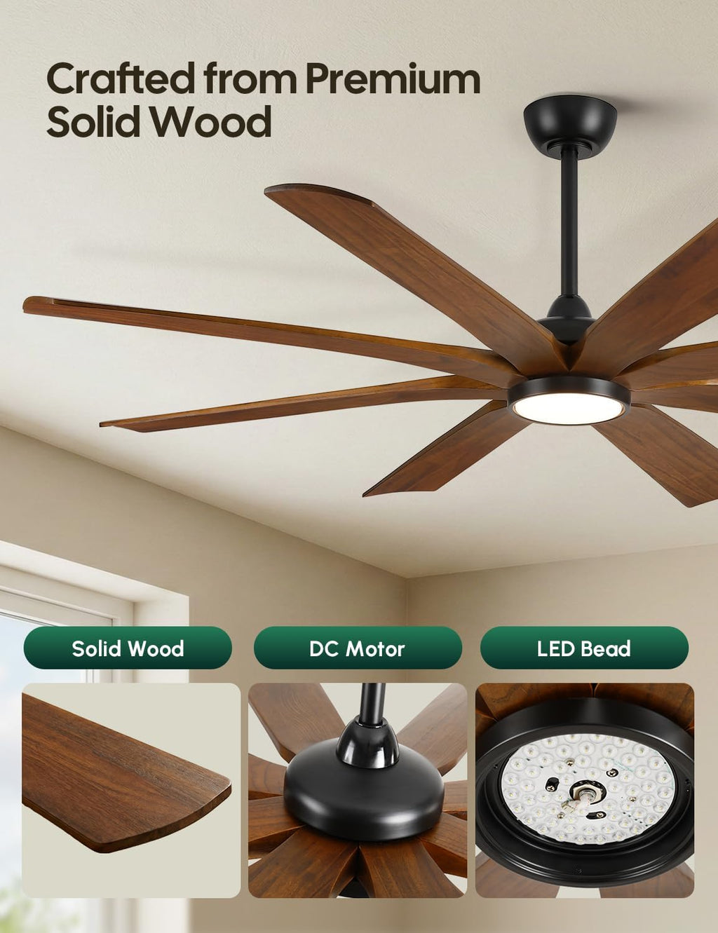 65 Inch Smart Outdoor Ceiling Fan with Lights, Alexa/App/Remote Control, 8 Solid Wood Walnut Blades Damp Rated, High 9876 CFM Quiet DC Motor, Farmhouse Style for Large Room Exterior Gazebo Patio