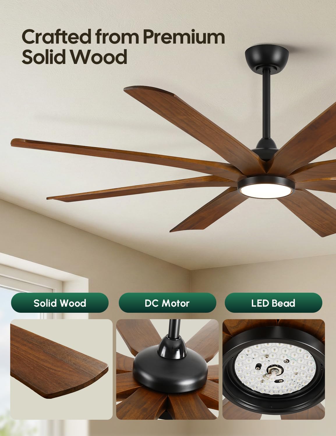 65 Inch Smart Outdoor Ceiling Fan with Lights, Alexa/App/Remote Control, 8 Solid Wood Walnut Blades Damp Rated, High 9876 CFM Quiet DC Motor, Farmhouse Style for Large Room Exterior Gazebo Patio