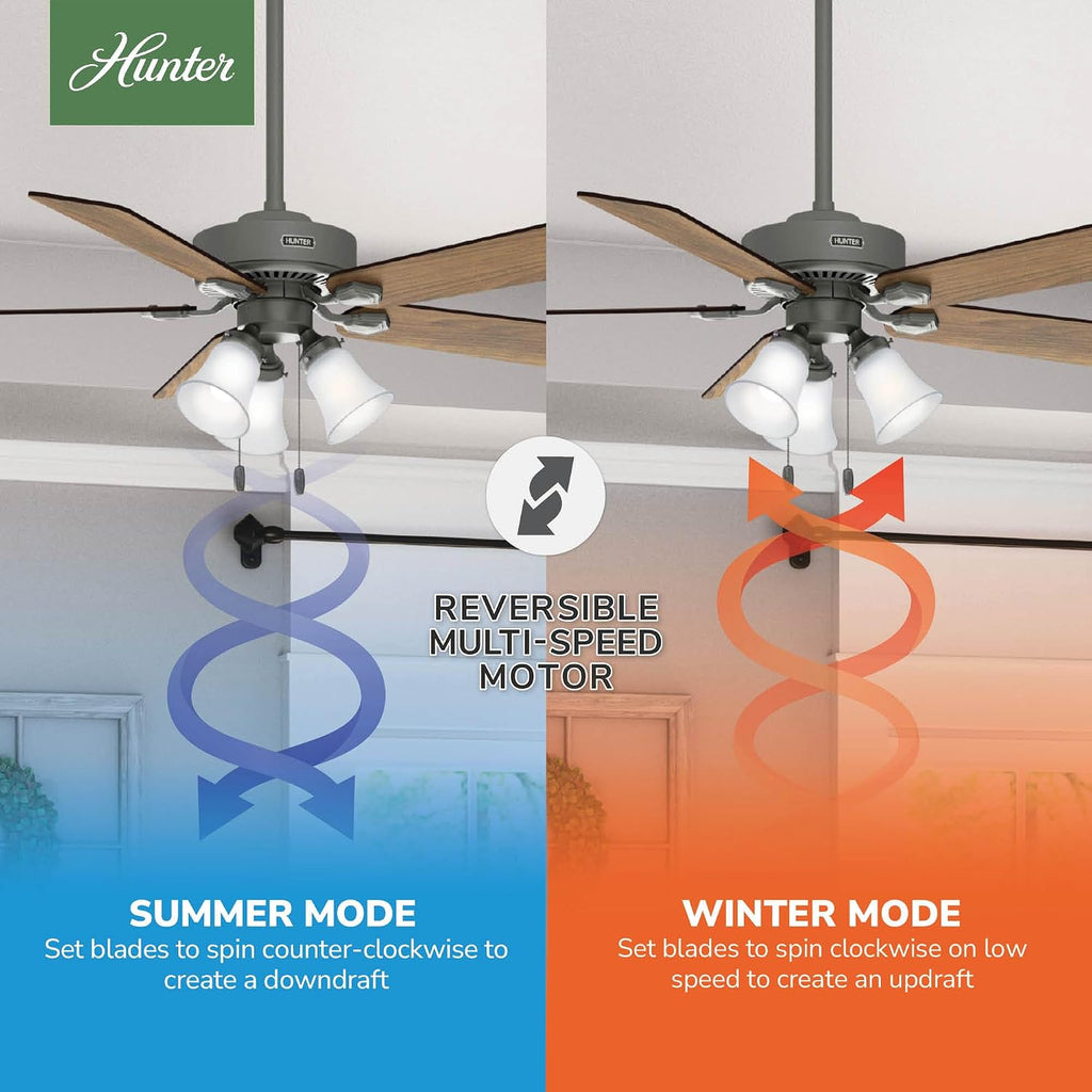 Hunter 52 inch Indoor Ceiling Fan with LED Lights - Ceiling Fan with Pull Chain, For Bedroom, Living Room, or Kitchen, Standard Mount, No Remote, 5 Blades - Swanson 50894, Matte Silver