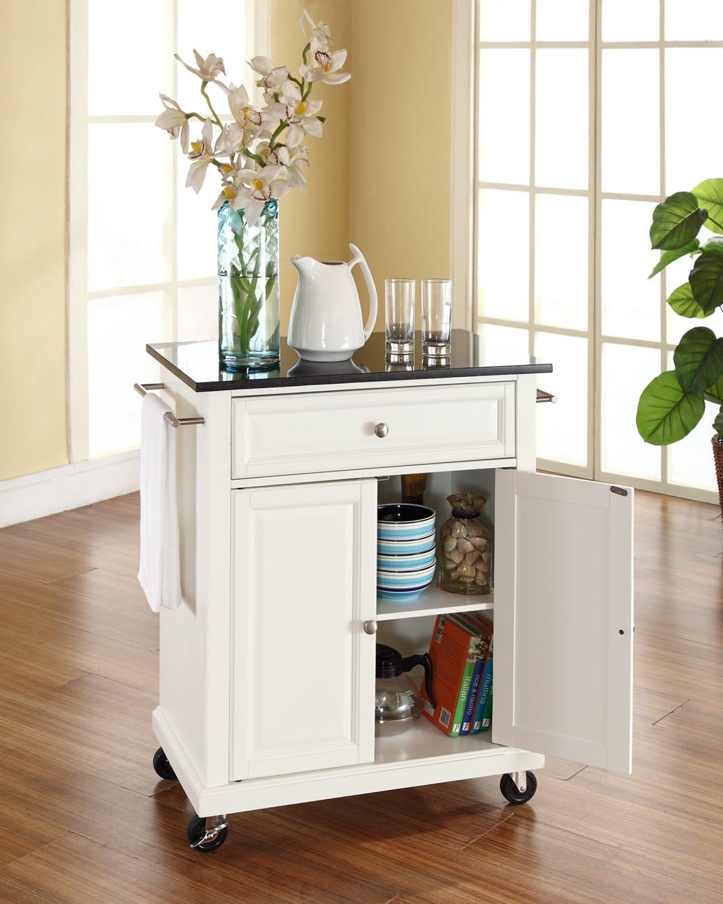 Crosley Furniture Compact Granite Top Small Rolling Cart with Shelves, Microwave Stand with Towel Rack, White