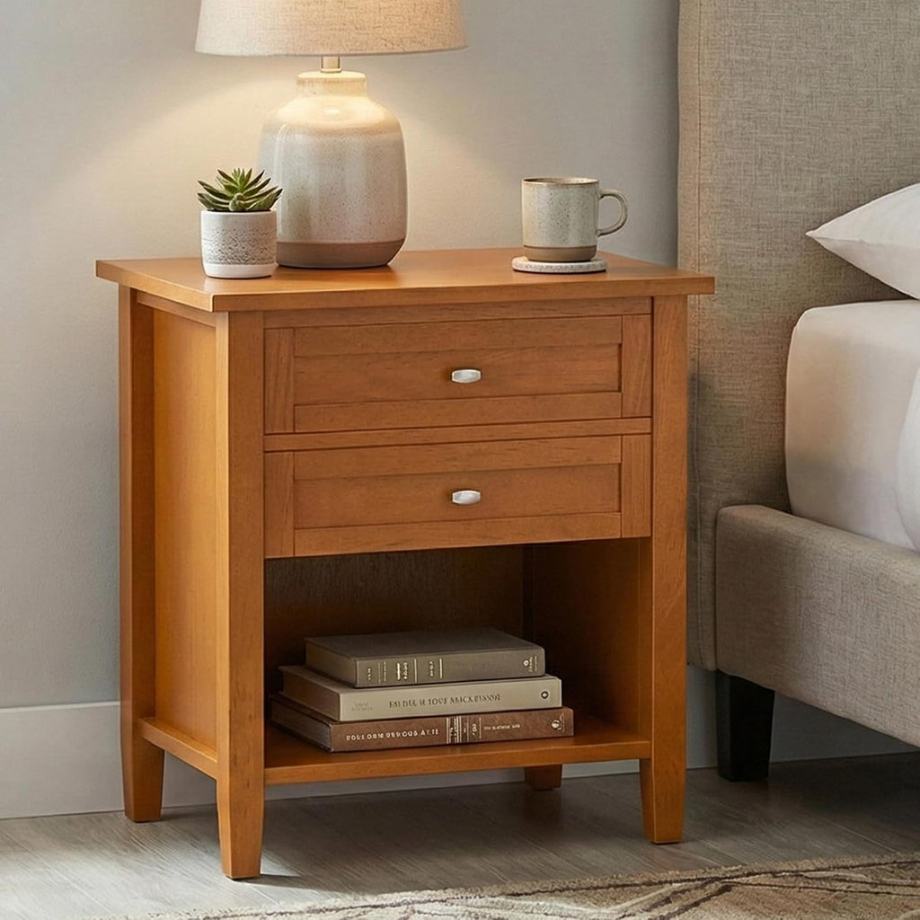 SIMPLIHOME Warm Shaker Bedside Table - 24 inch Wide Solid Wood Nightstand in Light Golden Brown, Transitional Bedroom Side or End Table with 2 Drawers, Open Shelf Storage and Brushed Nickel Hardware