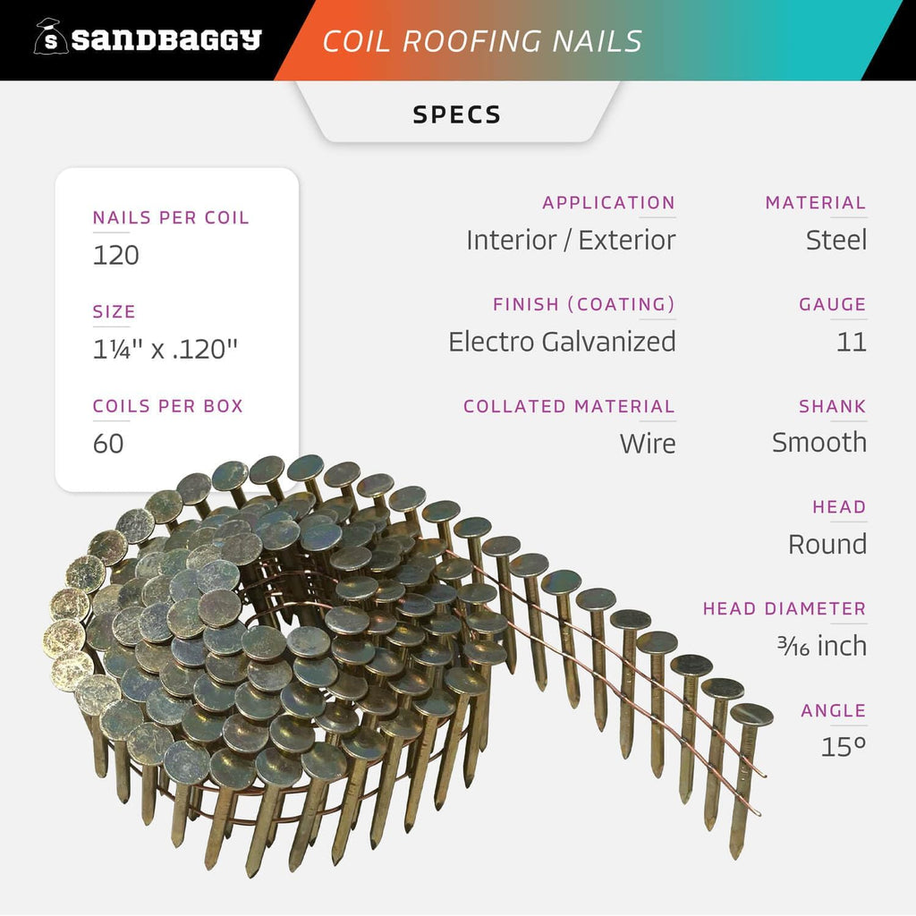 Sandbaggy 1-1/4' Coil Roofing Nails For Shingles - 15 Degree - Galvanized - Wire Collated, 11 Gauge - 120 Nails Per Coil (100)