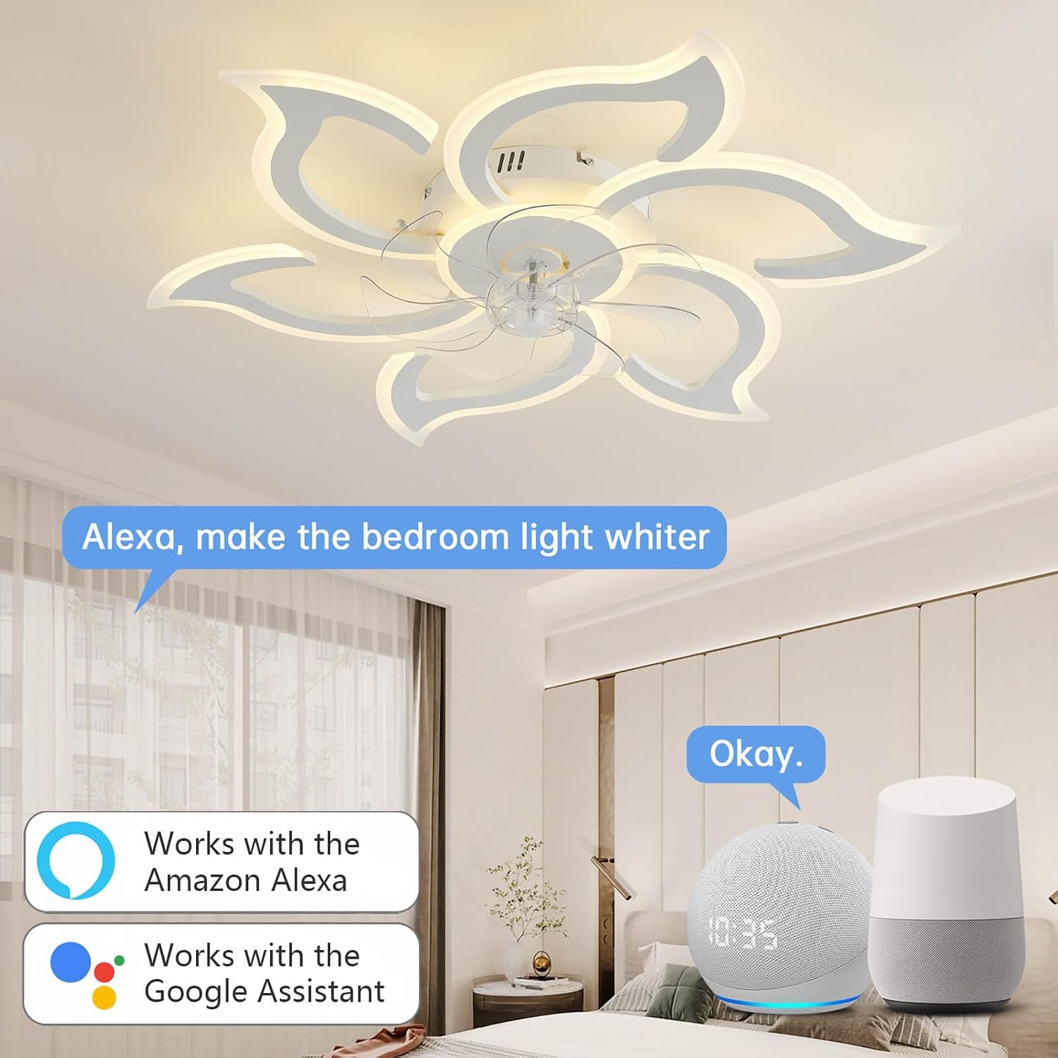 Ceiling Fan with Light and Remote, Ceiling Fan Lamp, Compatible with Alexa Google Home, Intelligent Ceiling Blades with Light and Remote Control, Dimmable, Reversible 6 Speeds, DC Motor (Color : 2)