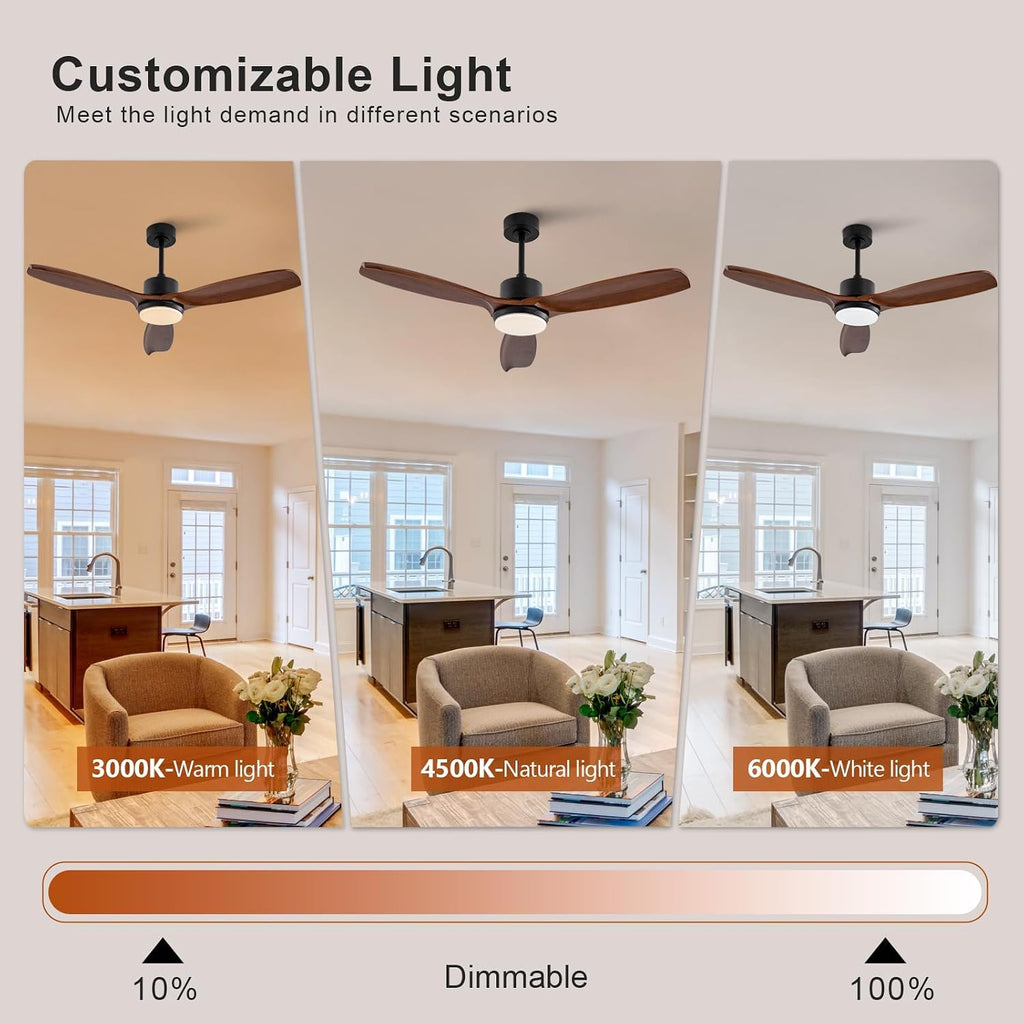 KBZZ 52 Inch Ceiling Fans with Lights and Remote, Solid Wood Blades, Dimmable, Reversible DC Motor, Memory Function, Modern Indoor Outdoor Ceiling Fan with Light for Patio Bedroom (Black Walnut)