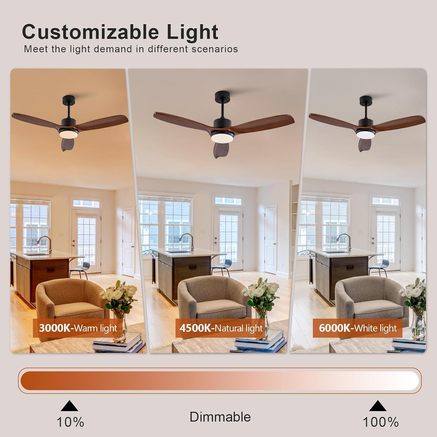 KBZZ 52 Inch Ceiling Fans with Lights and Remote, Solid Wood Blades, Dimmable, Reversible DC Motor, Memory Function, Modern Indoor Outdoor Ceiling Fan with Light for Patio Bedroom (Black Walnut)