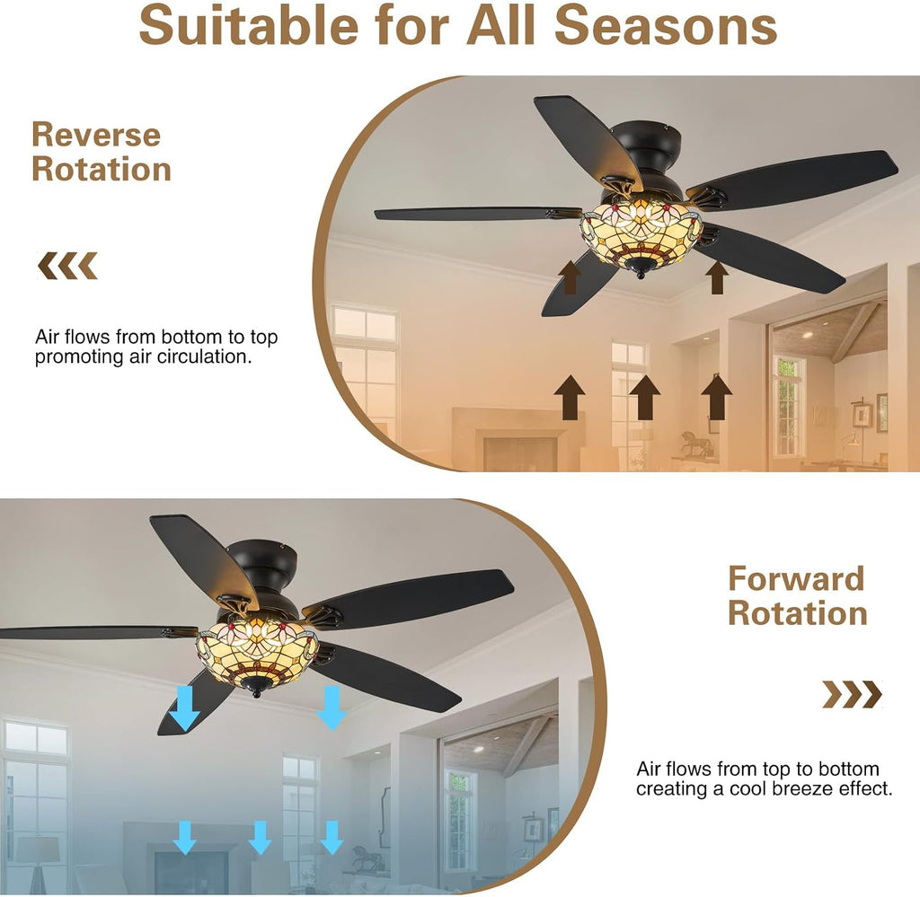Tiffany Ceiling Fans with Lights - 52' Ceiling Fan Chandelier with 5 Dual-Blades and Glass Shade, 6 Speeds and Reversible, Indoor and Outdoor, Retro Style