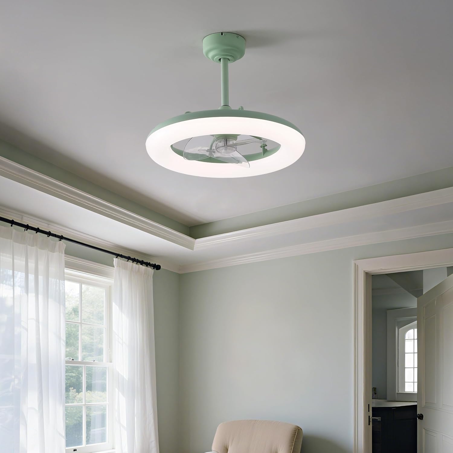 OVAL AIR AIR8001B Piero 21.5' Contemporary Minimalist 6-Speed Metal Mobile-App/Remote-Controlled Dimmable Smart Integrated LED Ceiling Fan Bedroom, Living Room, Dining Room, Pistachio Gelato