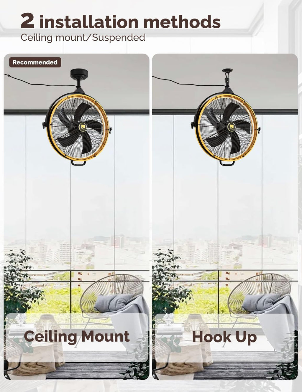 Orison 24.8'' Outdoor/Indoor Garage Ceiling Fan, 6 Speed Ceiling Mounted Plug-In Cord Garage Fan with Remote&APP, Manual Vertical Rotation, Hook hanging for Gazebo, Patio, Yellow