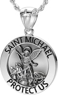 US Jewels Men's 925 Sterling silver 33mm Saint Michael Medal Antique Finish Round Pendant Necklace, 22in to 26in