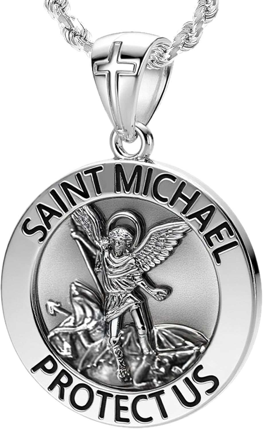 US Jewels Men's 925 Sterling silver 33mm Saint Michael Medal Antique Finish Round Pendant Necklace, 22in to 26in