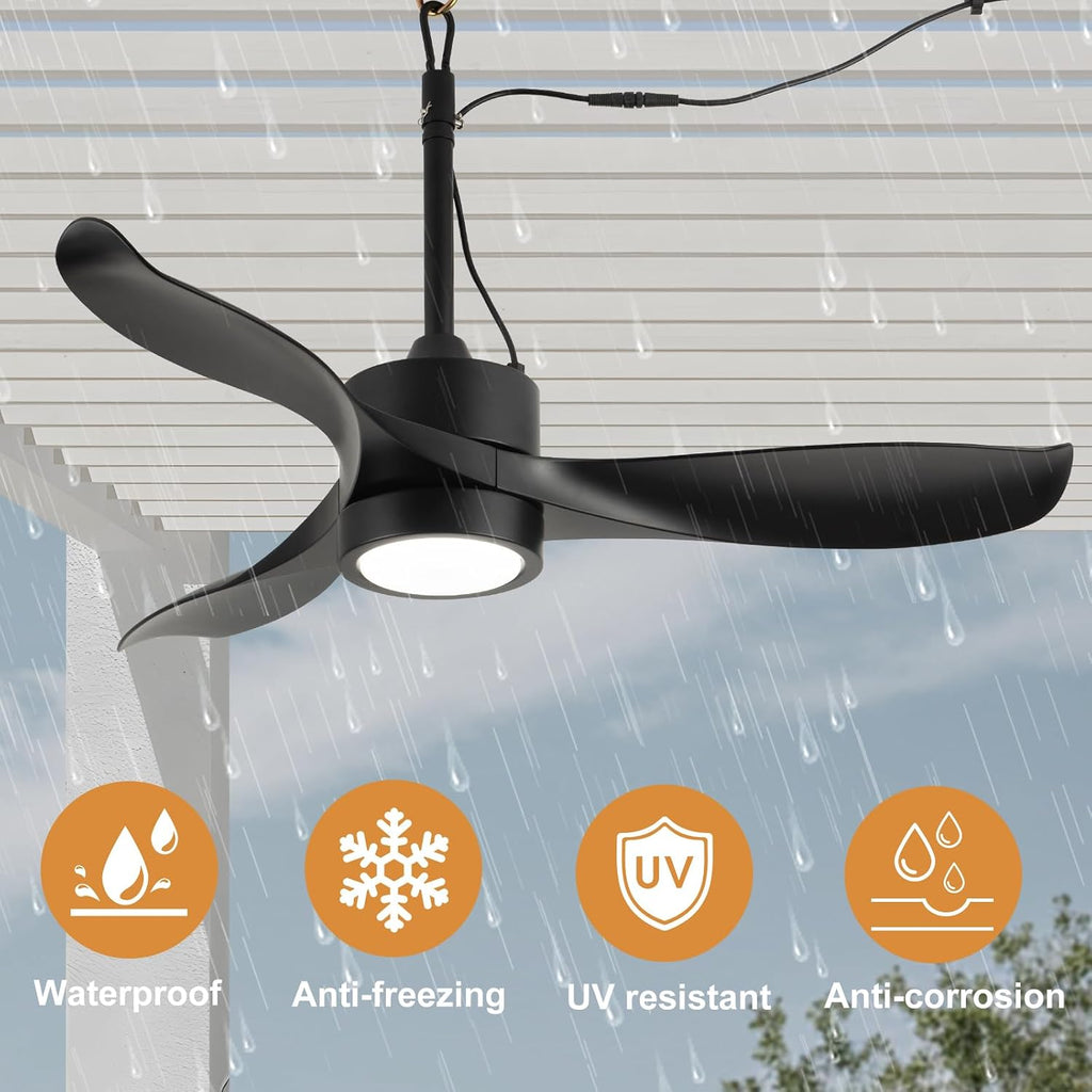 TIFEROR 42' Outdoor Ceiling Fan with Light and Remote, IP65 Waterproof Ceiling Fan for patios, Plug In with Hanging and Hook, 3-Colors LED, Lighting for Pergola, Canopy, Porch, Gazebo