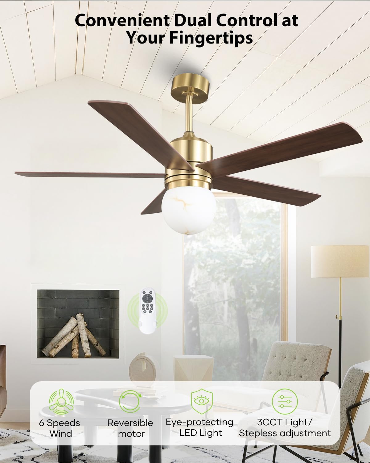 52' Gold Ceiling Fan with Light and Remote, Modern Brushed Gold Indoor Ceiling Fan, Reversible DC Motor, Dimmable LED 3 Color Temp 3000K/4000K/5000K, Dual-Finish White/Walnut Blades