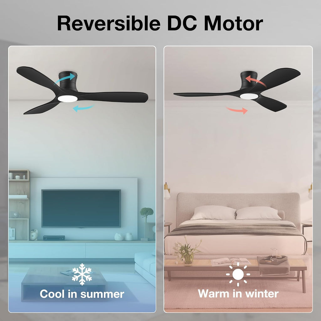 52 Inch Wood Ceiling Fans with Lights Remote,Low Profile Flush Mount Ceiling Fan with Light,Outdoor Indoor Modern Ceiling fan for Bedroom Living room Patio,Matte Black,3 Blades,Dimmable,Ultra-Quiet