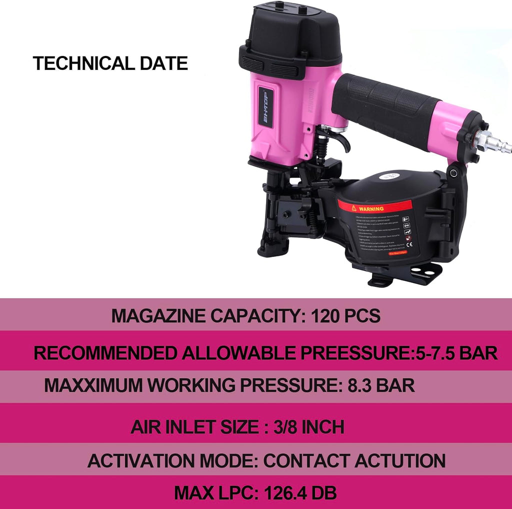 CN45N Roofing Nailer, 15 Degree Roofing Nail Gun, 3/4-Inch to 1-3/4-Inch Coil Nails, 120-pcs Load Capacity Coil Nailer in Pink