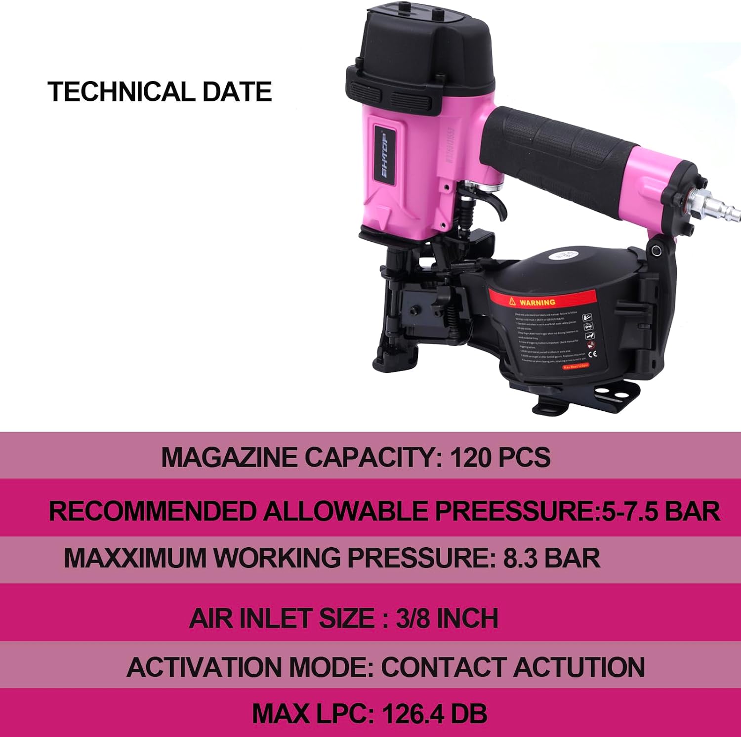 CN45N Roofing Nailer, 15 Degree Roofing Nail Gun, 3/4-Inch to 1-3/4-Inch Coil Nails, 120-pcs Load Capacity Coil Nailer in Pink