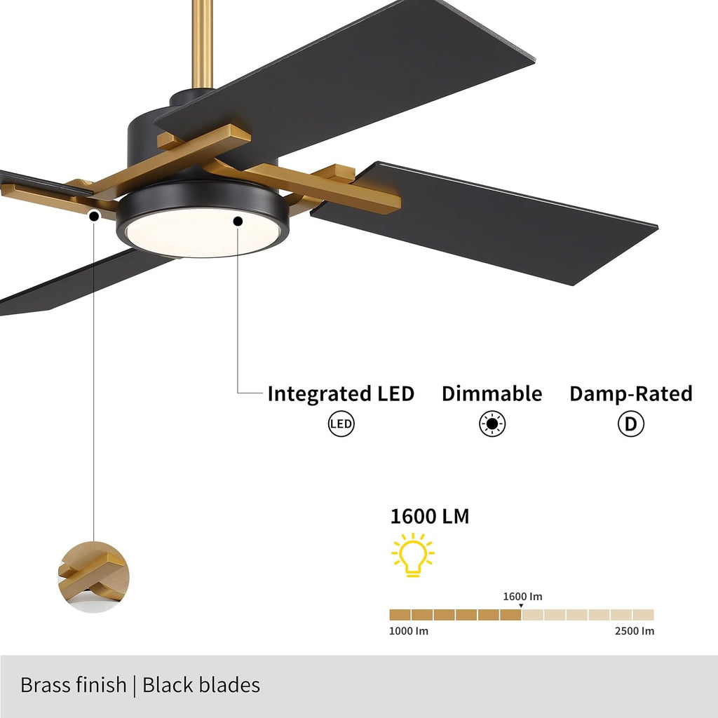 WINGBO 48 Inch Ceiling Fan with Light and Remote, 4 Plywood Blades, 6-Speed Reversible DC Motor, Dimmable, 3CCT, Farmhouse Ceiling Fan for Bedroom Living Room Kitchen, Brass and Black/Walnut