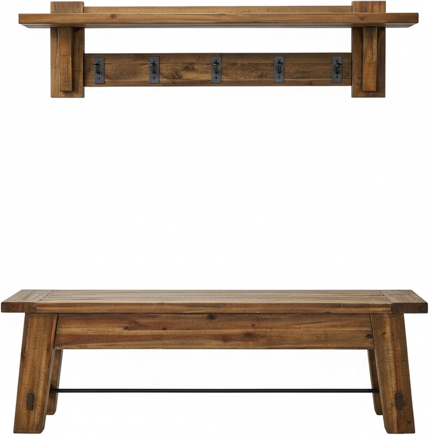 Durango 60-Inch Industrial Wood Coat Hook Shelf and Bench Set, Rustic Farmhouse Entryway Furniture with Metal Accents, 450 lbs Bench Capacity, Includes Cleat System for Easy Hanging