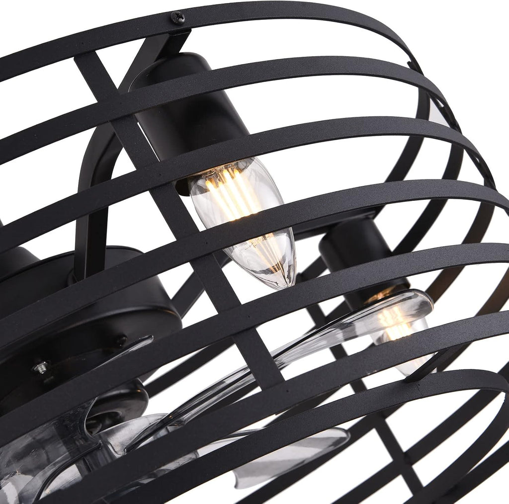 Industrial Ceiling Fan with Lights 20inch Enclosed Ceiling Fan Indoor w/Remote, Black Caged Retro Ceiling Fan Metal Bladeless Chandelier Fan Lighting for Living Dining Room Bedroom Kitchen